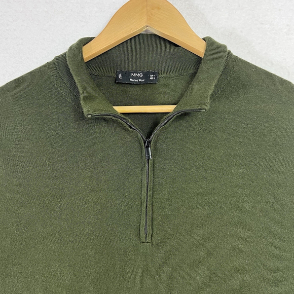 Mango MNG Men Merino Wool Sweater Green 1/4 Zip Size L Lightweight Preppy - Picture 3 of 13